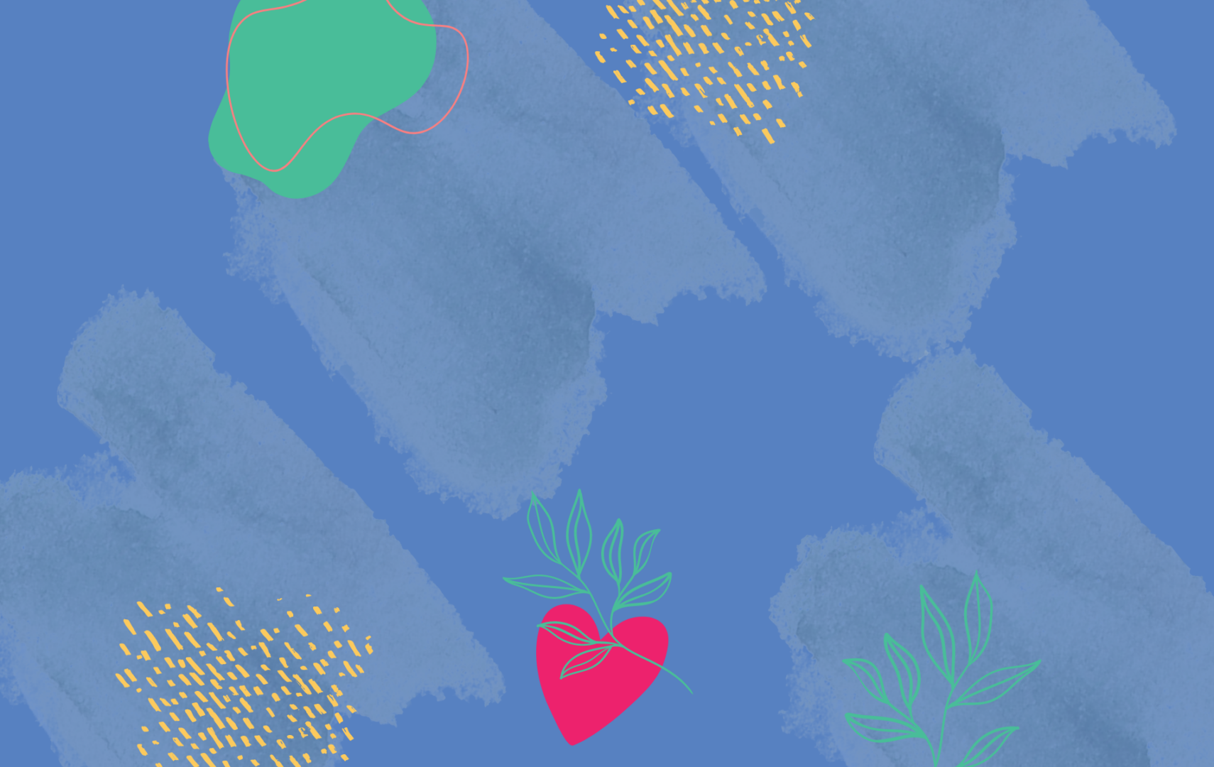 a blue background with colorful shapes and hearts